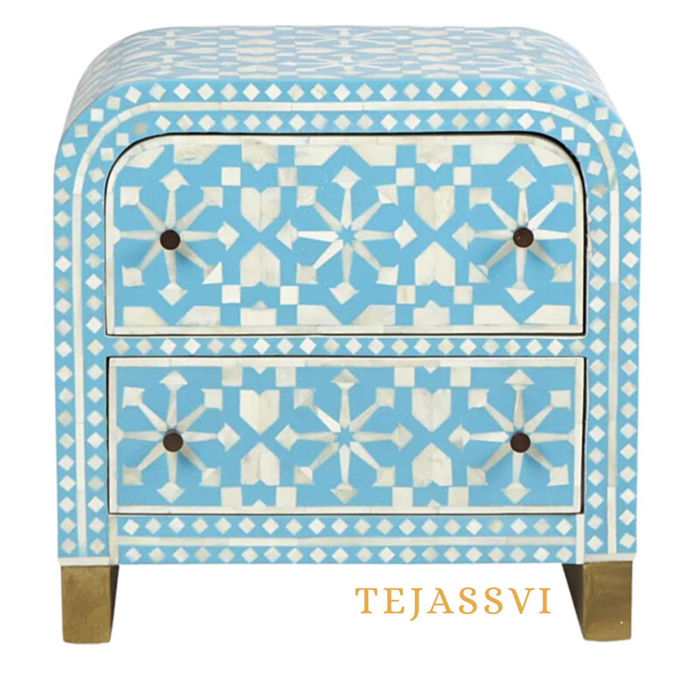 Bone Inlay Semi Round Geometric Pattern Design Small Sideboard / Bone Inlay Night Table / Bone Inlay Side Table / Bone Inlay Chest of Drawers For Bedroom.