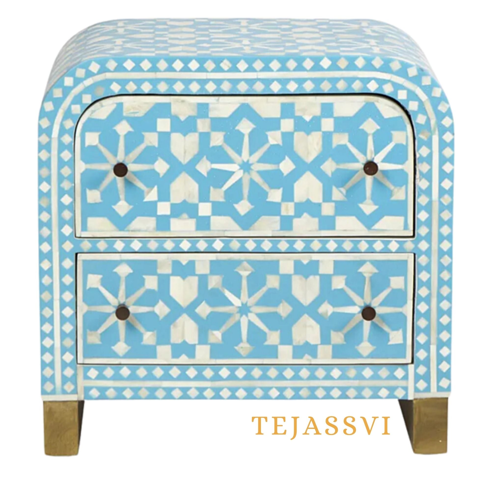 Bone Inlay Semi Round Geometric Pattern Design Small Sideboard / Bone Inlay Night Table / Bone Inlay Side Table / Bone Inlay Chest of Drawers For Bedroom.