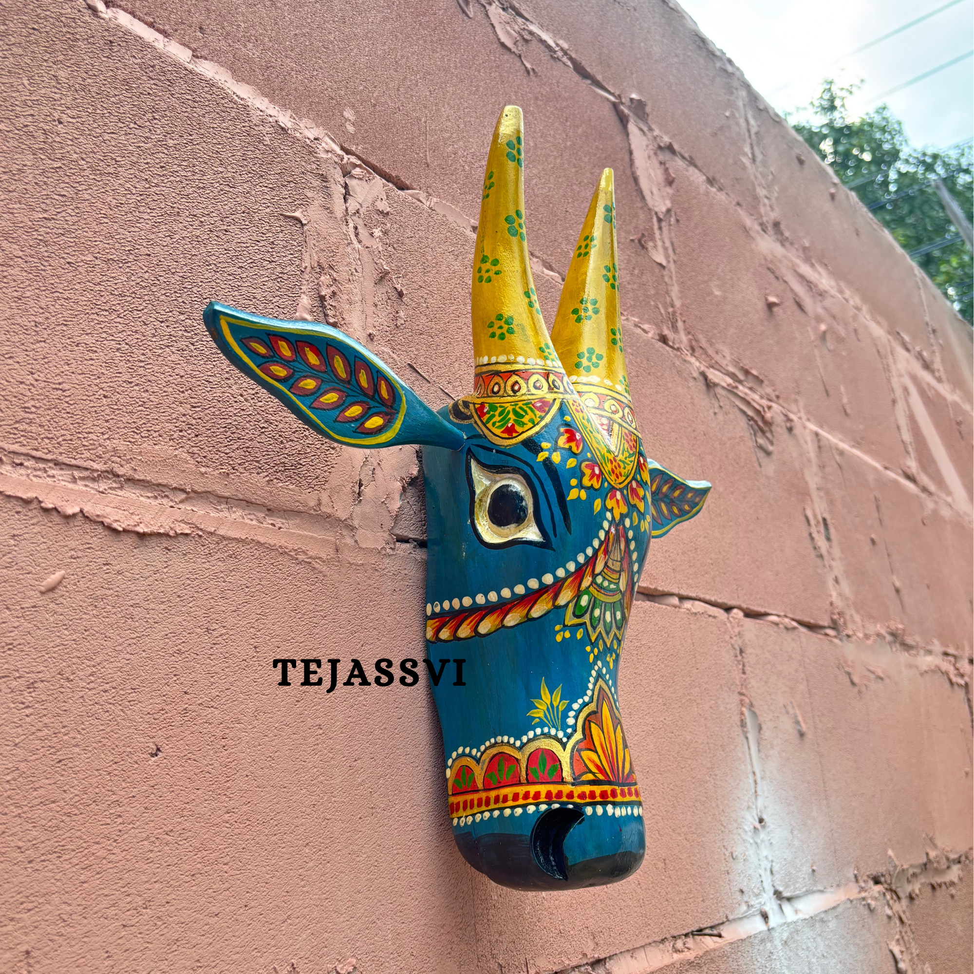 Wooden Painted Cow Head 15 Inches| Bull | Nandi Head Mask Wall Décor. Wooden Wall Hanging. Ethnic Indian Art.