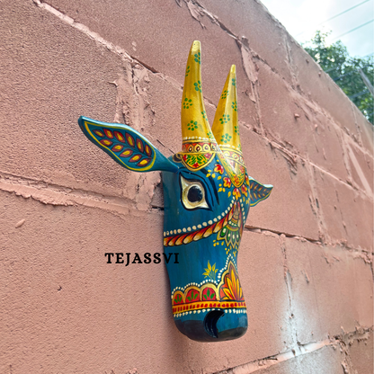Wooden Painted Cow Head 16 Inches| Bull | Nandi Head Mask Wall Décor. Wooden Wall Hanging. Ethnic Indian Art.