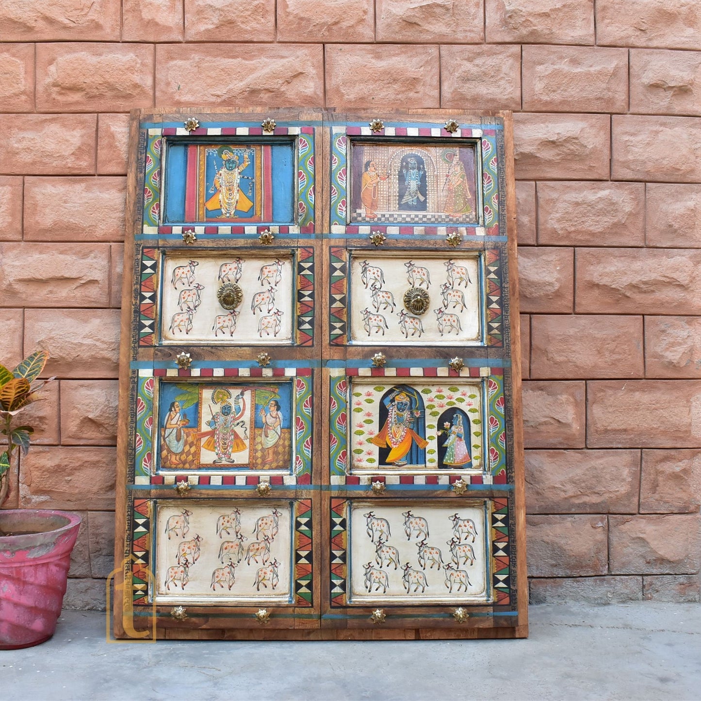 ANTIQUE Indian DOOR | Metal Fitted Hand painted SHRINATH Ji Wall Hanging Wall Panel Home Decor Doors Made From Reclaimed Wood.