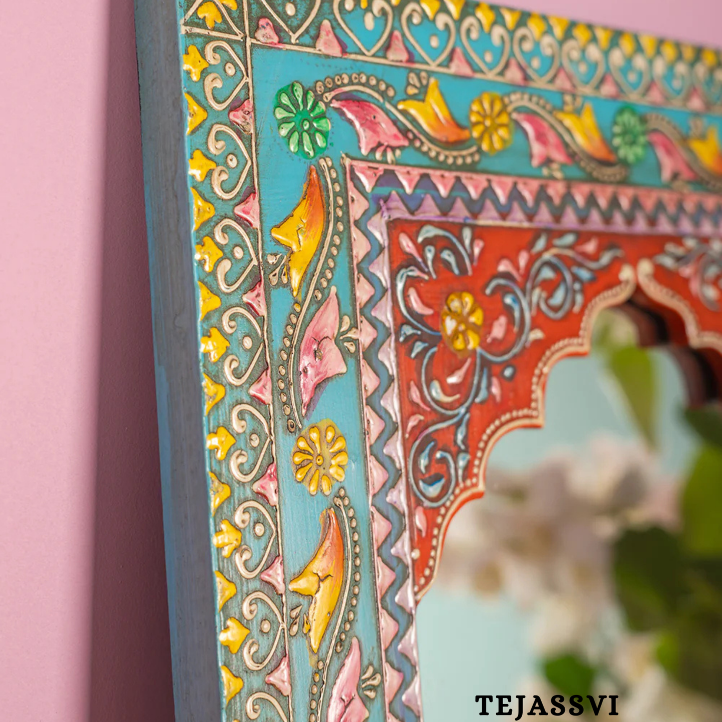 Wooden Hand Painted Floral Design Wall Hanging Mirror  / wooden wall Décor mirror / Wall Décor / Wall Hanging.