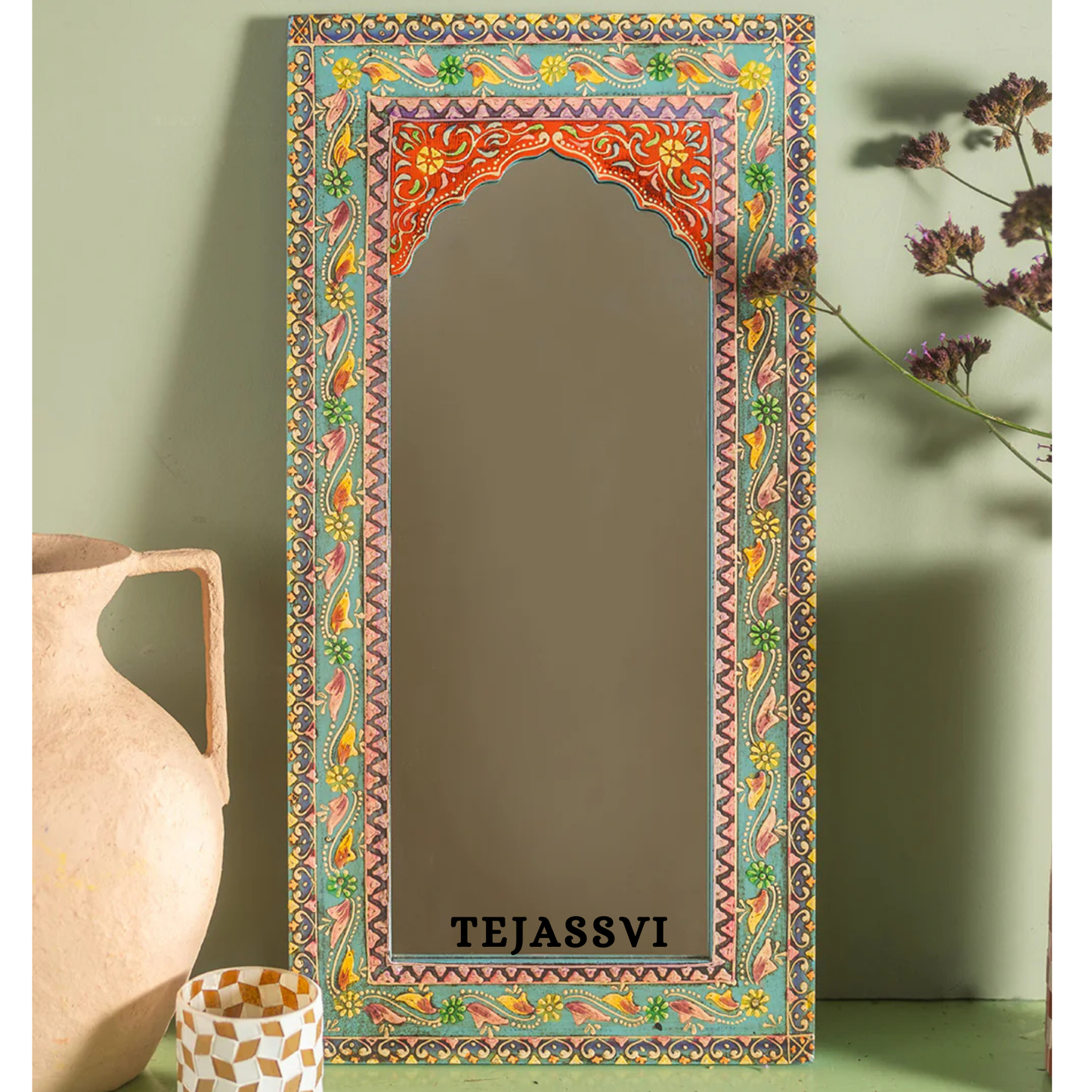 Wooden Hand Painted Floral Design Wall Hanging Mirror  / wooden wall Décor mirror / Wall Décor / Wall Hanging.