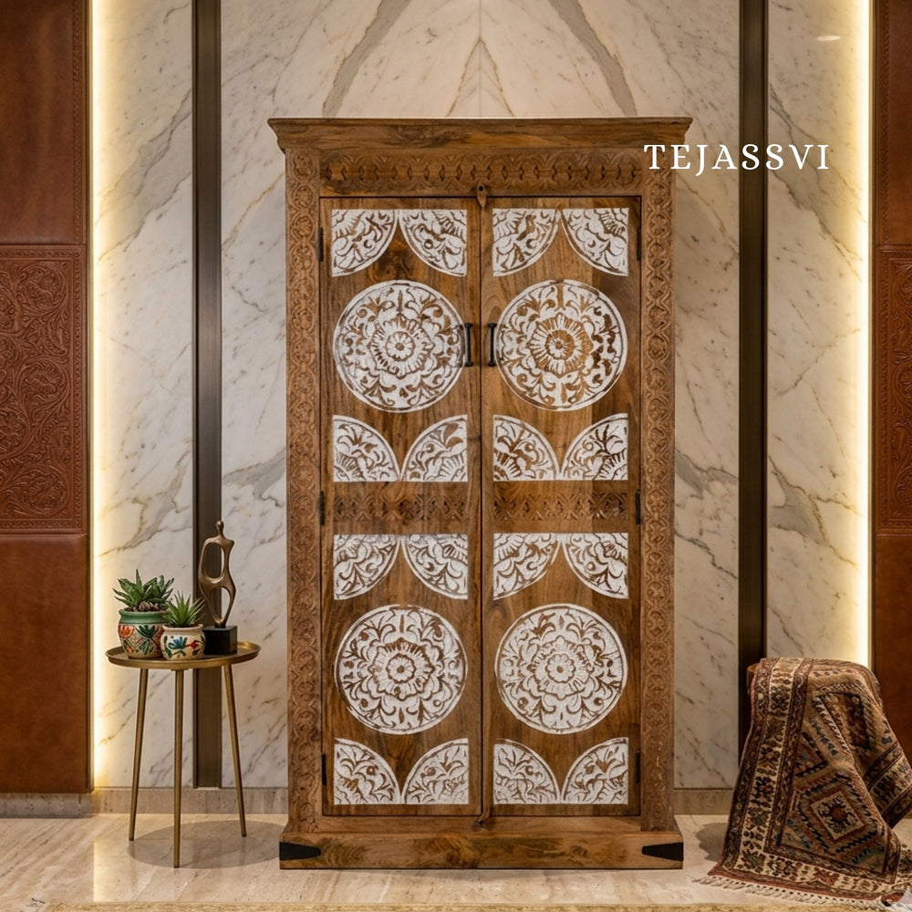 Wooden Indian Carving Wardrobe / Wooden carving Sideboard / Wooden Storage Cabinet | Luxury Entryway Table | wooden Storage Cupboard.