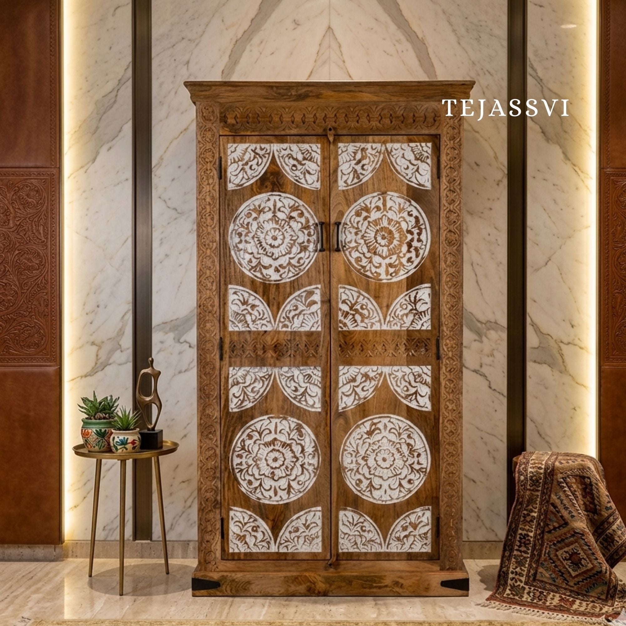 Wooden Indian Carving Wardrobe / Wooden carving Sideboard / Wooden Storage Cabinet | Luxury Entryway Table | wooden Storage Cupboard.