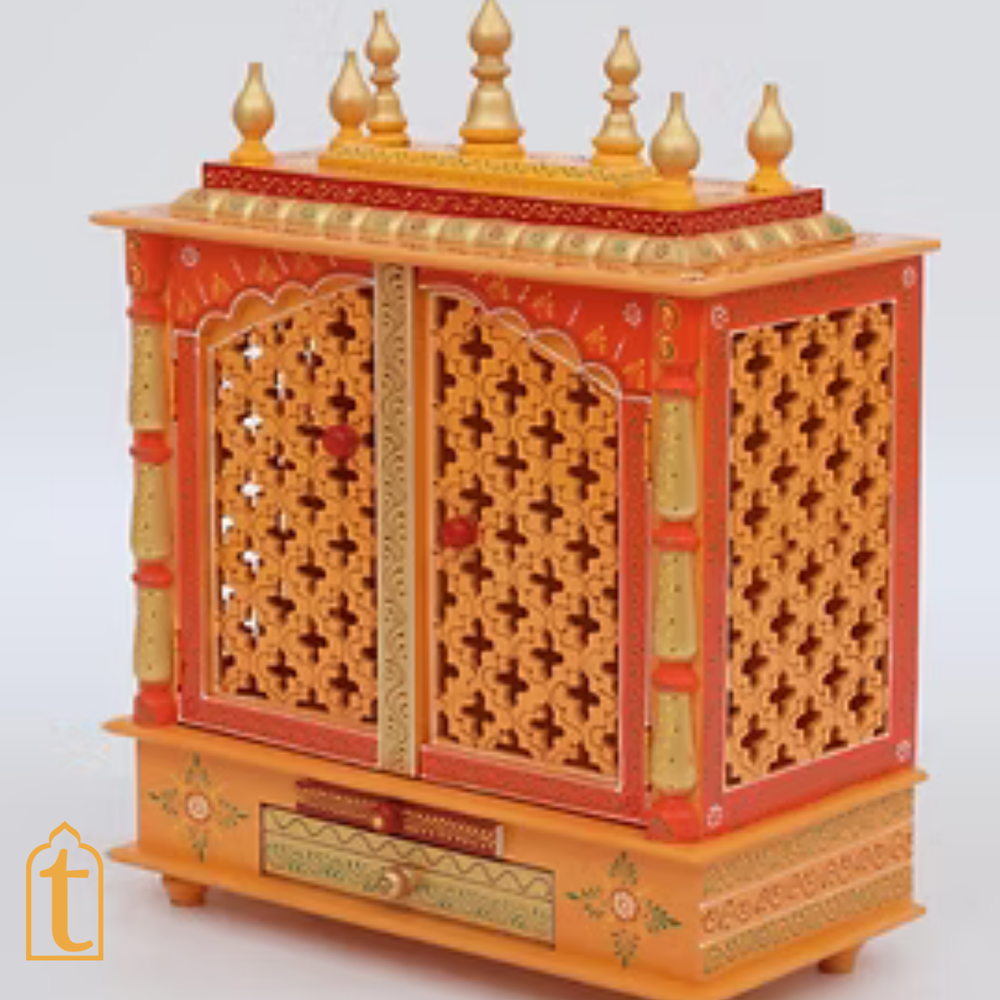 Handcrafted Wooden Pooja Room Temple: Orange & Gold Embossed
