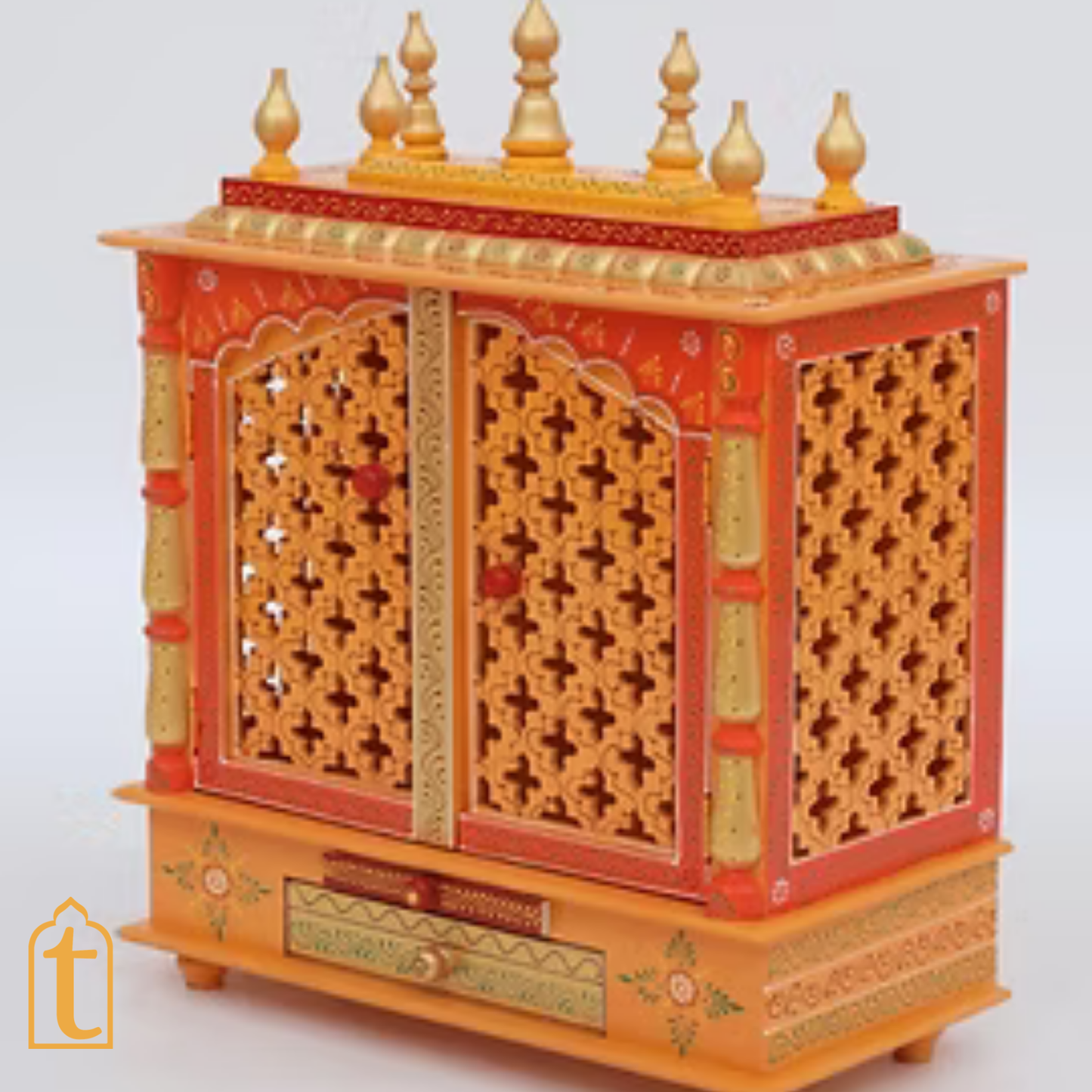 Handcrafted Wooden Pooja Room Temple: Orange & Gold Embossed