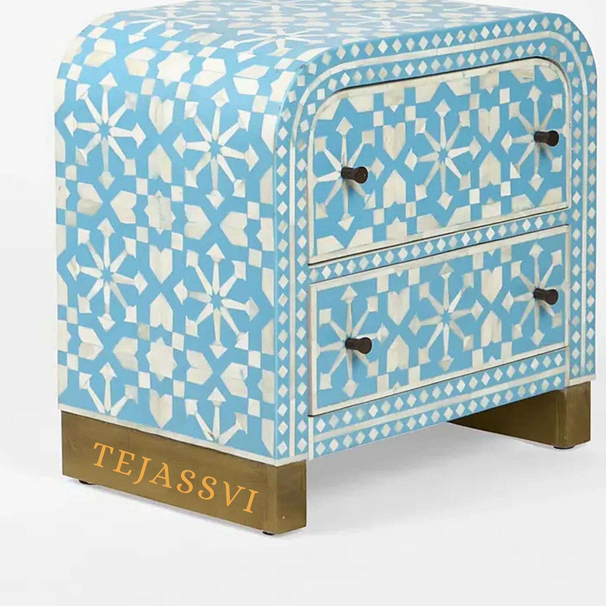 Bone Inlay Semi Round Geometric Pattern Design Small Sideboard / Bone Inlay Night Table / Bone Inlay Side Table / Bone Inlay Chest of Drawers For Bedroom.