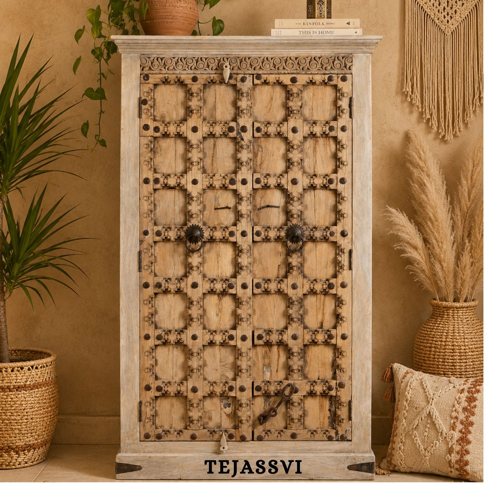 Wooden Indian Carving Wardrobe / Wooden carving Sideboard / Wooden Storage Cabinet | Luxury Entryway Table | wooden Storage Sideboard.