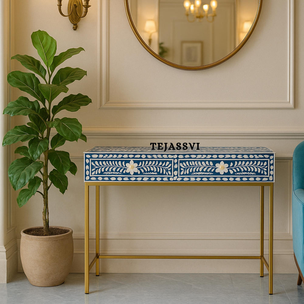 Handmade Bone Inlay Side Table / 2 Drawer Desk / Blue Floral Console Table / Hall Table living room Table / Drawer Table / Wooden Laptop Table.