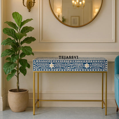 Handmade Bone Inlay Side Table, 2 Drawer Desk/Blue Floral Console Table, Hall table, living room table, Drawer table, wooden Laptop table.