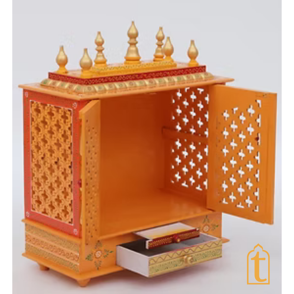 Handcrafted Wooden Pooja Room Temple: Orange & Gold Embossed