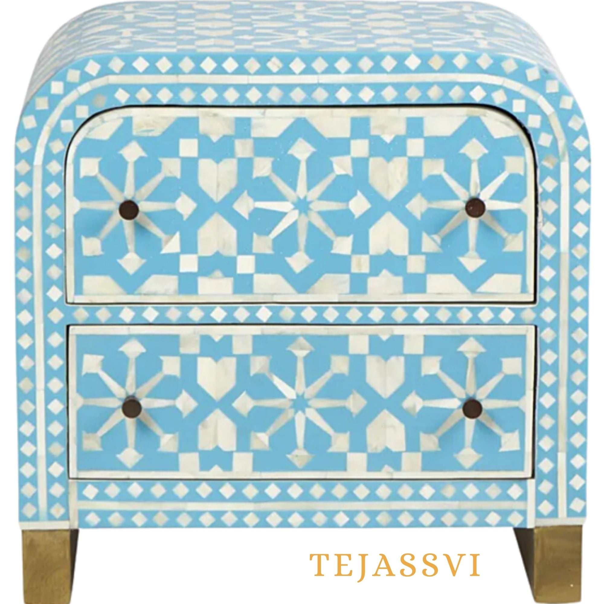Bone Inlay Semi Round Geometric Pattern Design Small Sideboard / Bone Inlay Night Table / Bone Inlay Side Table / Bone Inlay Chest of Drawers For Bedroom.