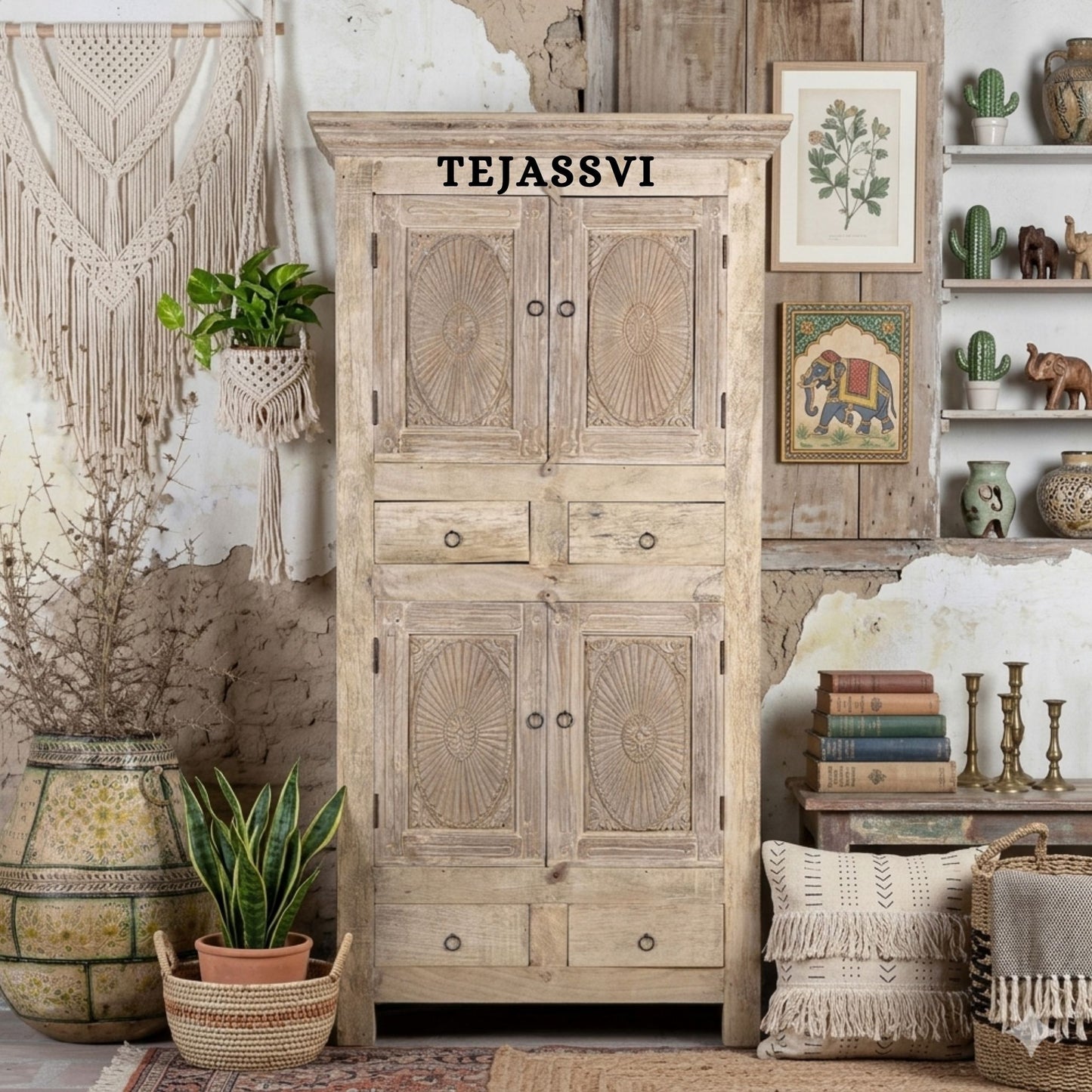 Wooden Indian Carving Wardrobe / Wooden carving Sideboard / Wooden Storage Cabinet | Luxury Entryway Table | wooden Storage Sideboard.