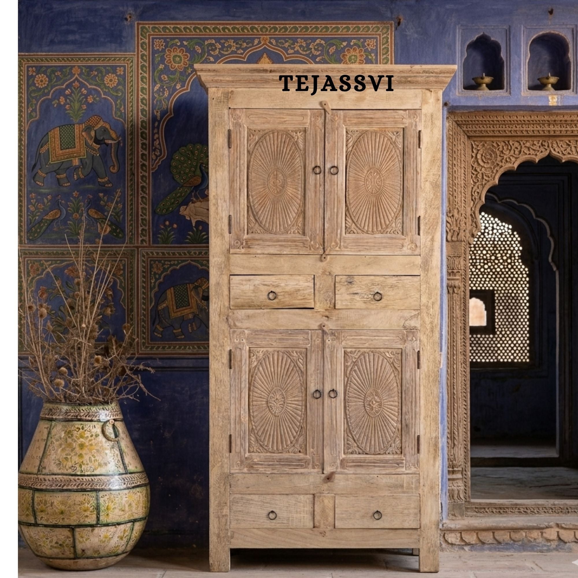 Wooden Indian Carving Wardrobe / Wooden carving Sideboard / Wooden Storage Cabinet | Luxury Entryway Table | wooden Storage Sideboard.