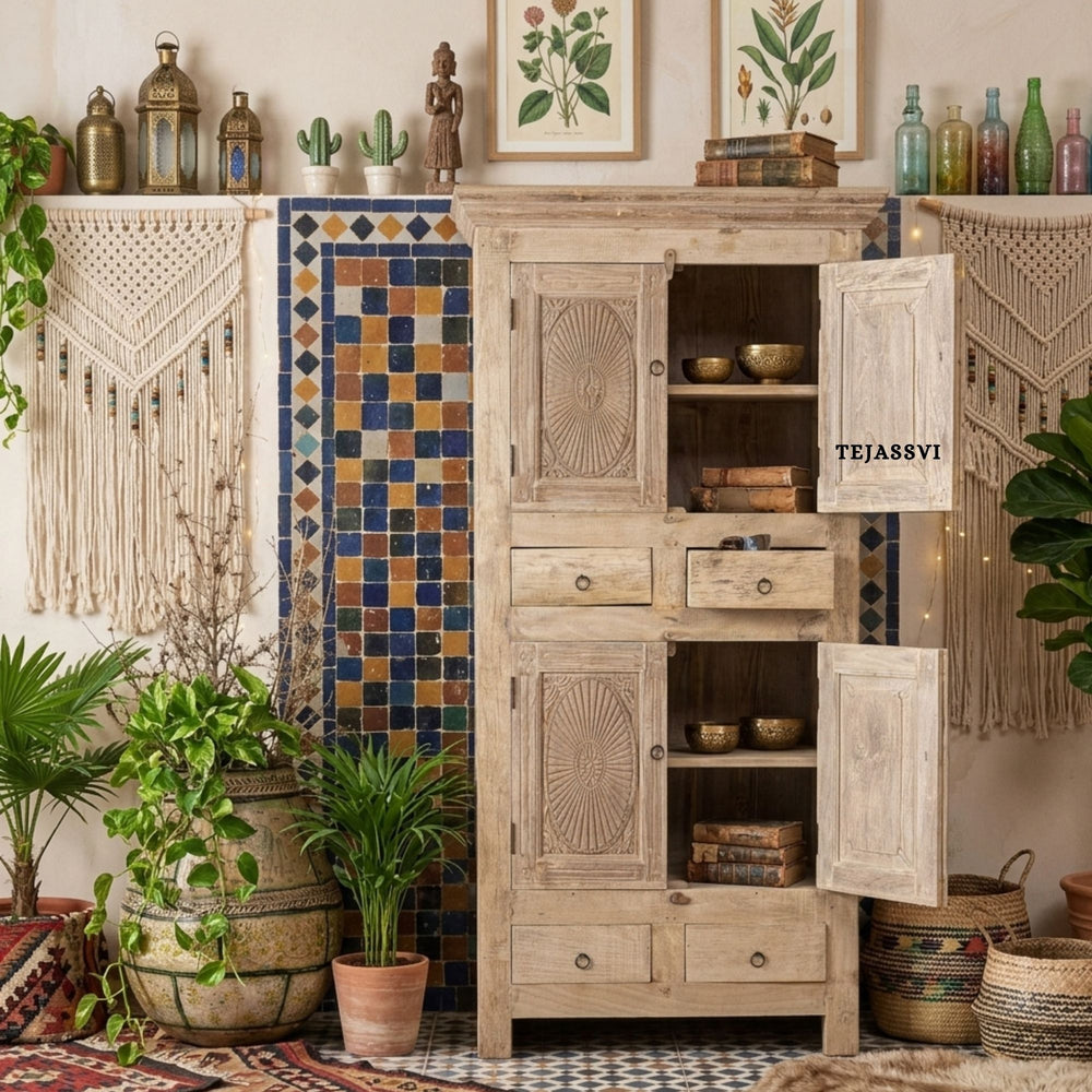 Wooden Indian Carving Wardrobe / Wooden carving Sideboard / Wooden Storage Cabinet | Luxury Entryway Table | wooden Storage Sideboard.