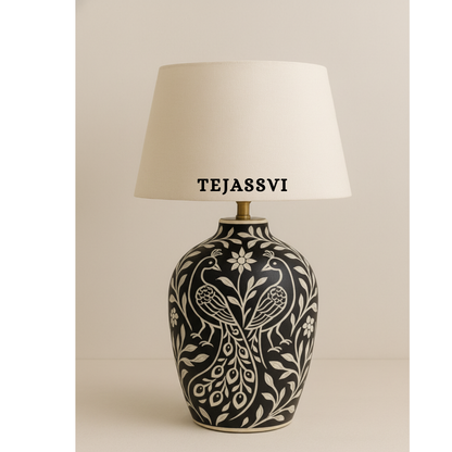 Wooden Bone Inlay Floral and Peacock Pattern Lamp for Bedroom / Bone Inlay Bed Room Lamp / Bedroom Décor Lamp / Handmade Inlay Table Lamp Home Decor Accent Light