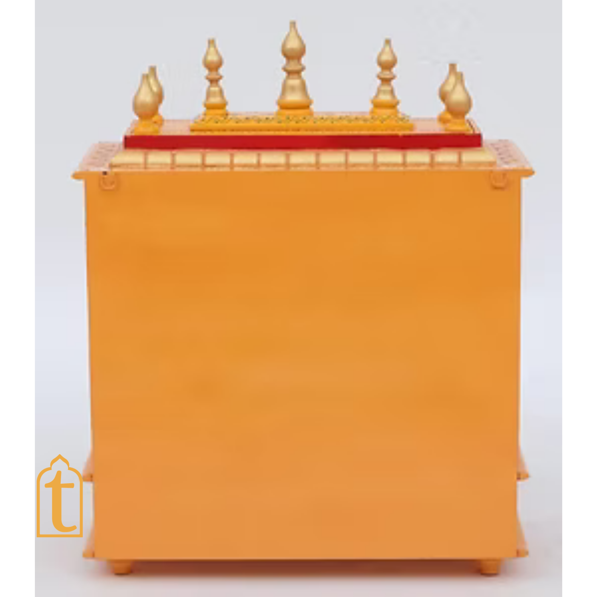 Handcrafted Wooden Pooja Room Temple: Orange & Gold Embossed