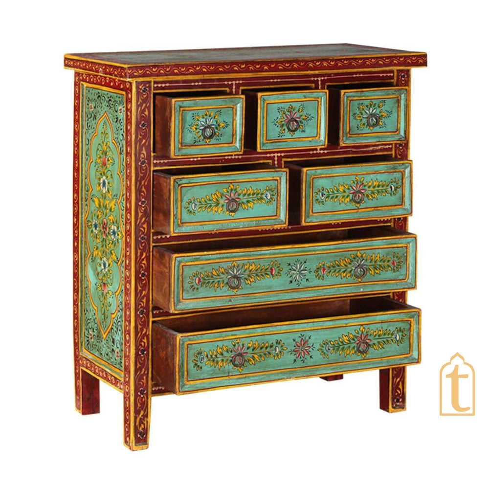 Indian Hand Painted Green Garden Mango Wood Chest of 7 Drawers / Large Chest of Drawer for Living Room | Traditional Side Table with Drawers.