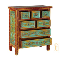 Indian Hand Painted Green Garden Mango Wood Chest of 7 Drawers / Large Chest of Drawer for Living Room | Traditional Side Table with Drawers.