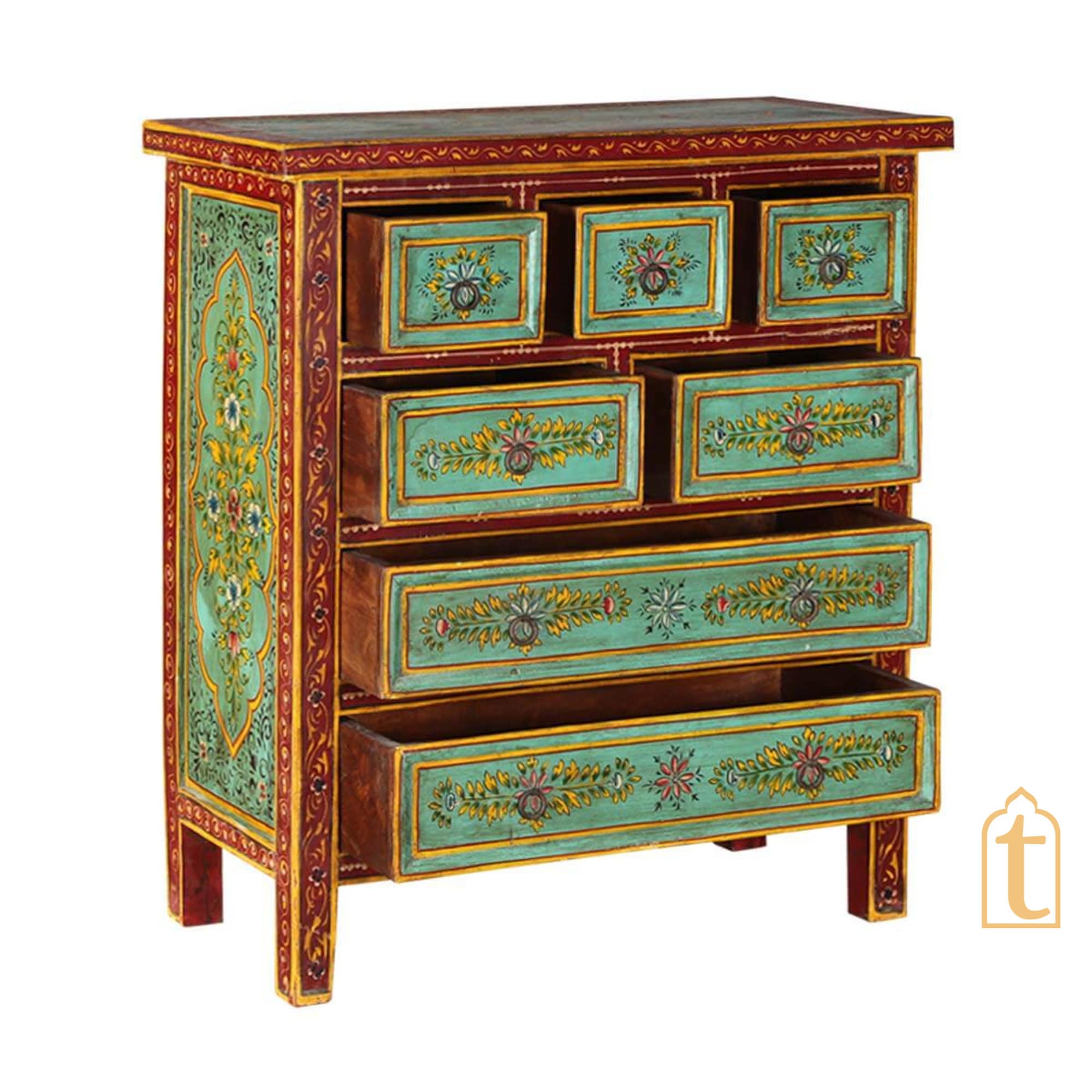 Indian Hand Painted Green Garden Mango Wood Chest of 7 Drawers / Large Chest of Drawer for Living Room | Traditional Side Table with Drawers.