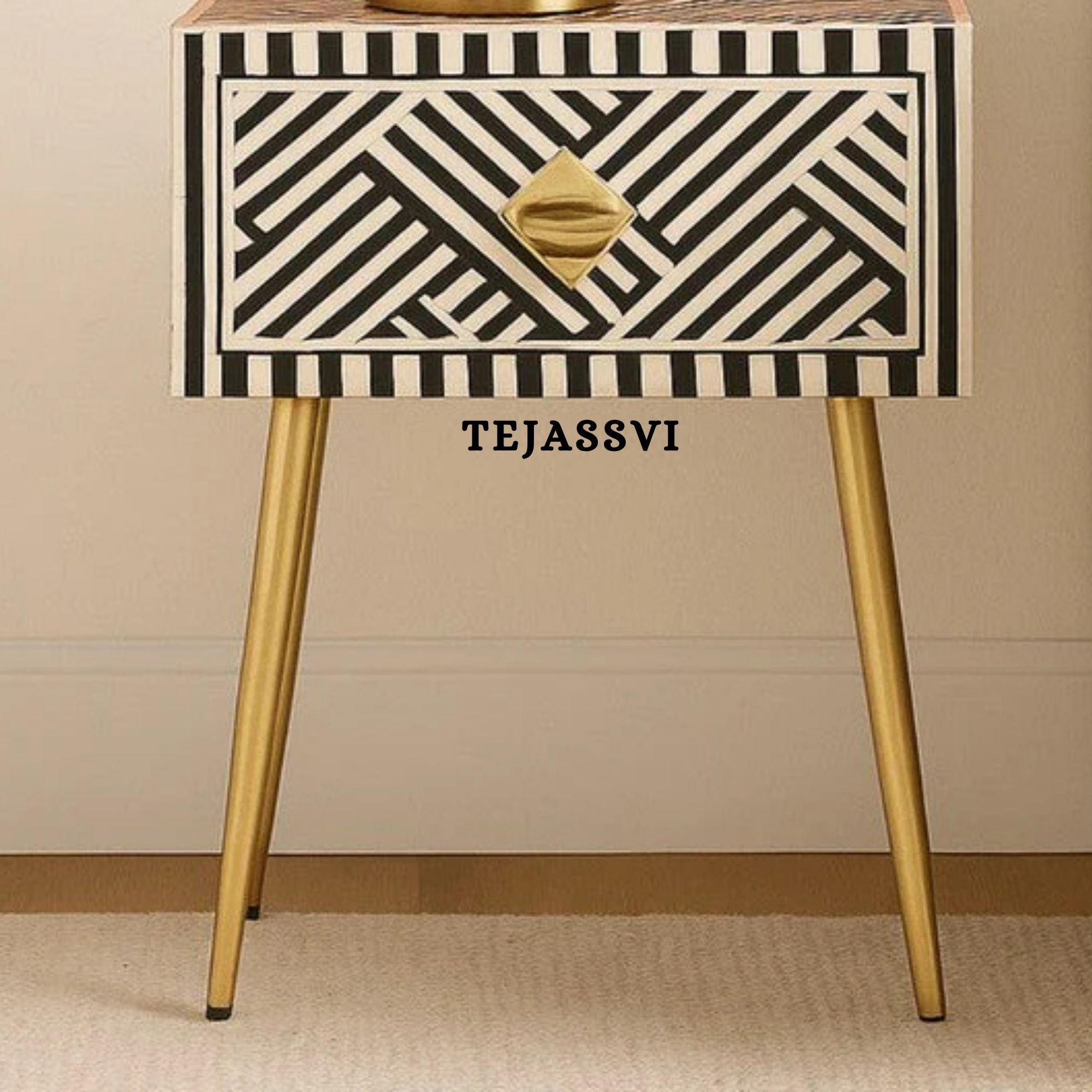 Bone Inlay Bedside Table for 1 Drawer / Bone Inlay Table / Strip Design Bedside Table / Bone Inlay Cocktail Table . (Copy)