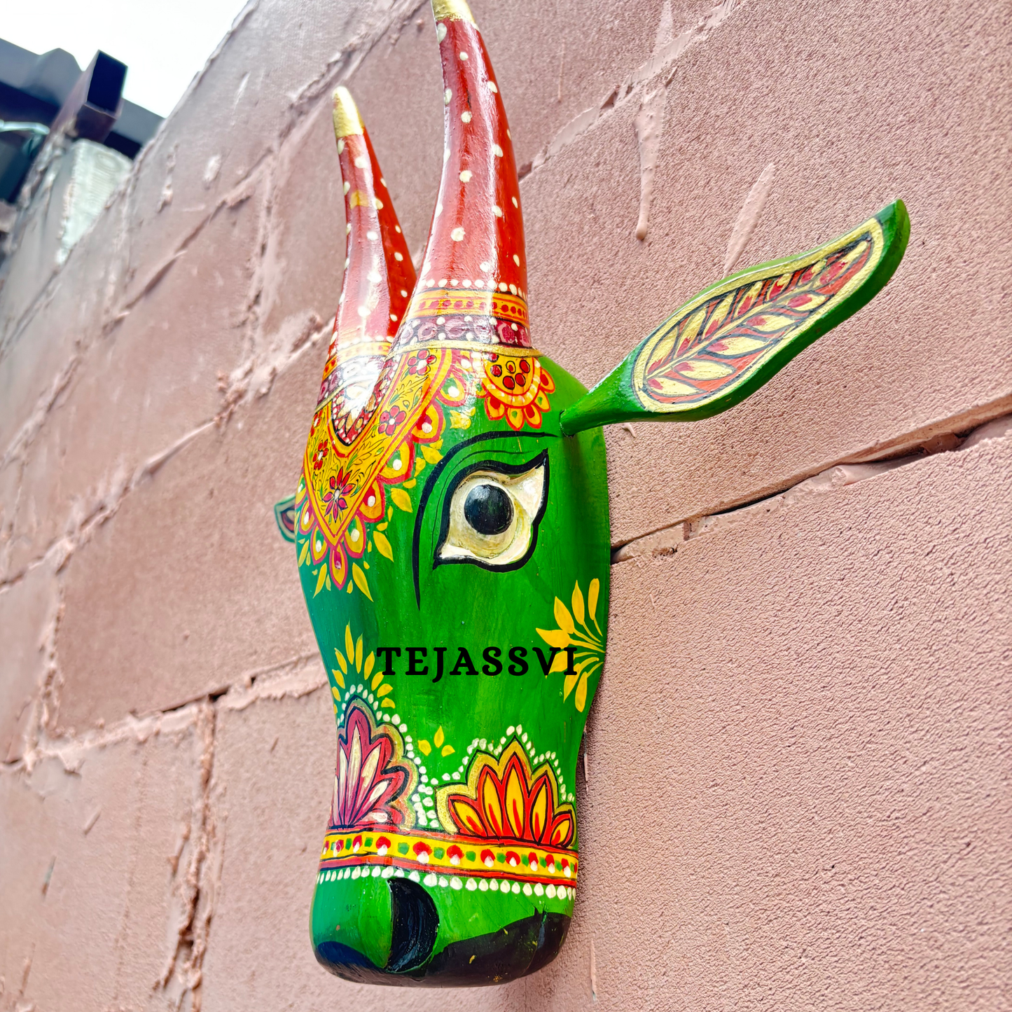 Wooden Painted Cow Head 16 Inches| Bull | Nandi Head Mask Wall Décor. Wooden Wall Hanging. Ethnic Indian Art.