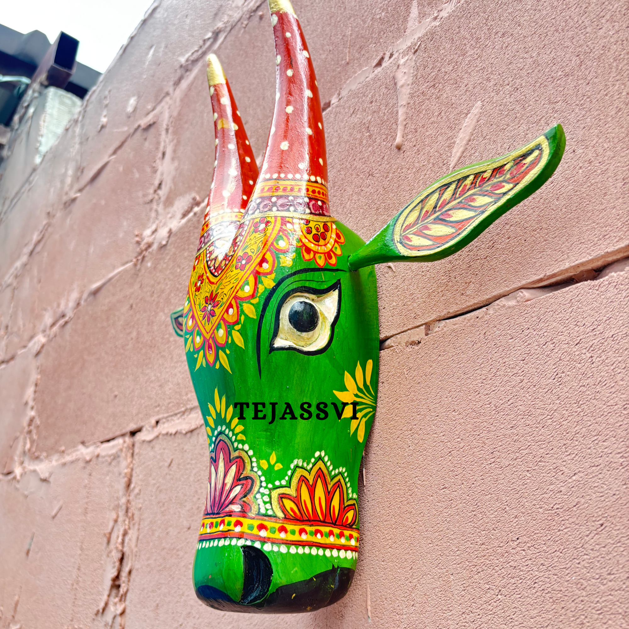 Wooden Painted Cow Head 15 Inches| Bull | Nandi Head Mask Wall Décor. Wooden Wall Hanging. Ethnic Indian Art.