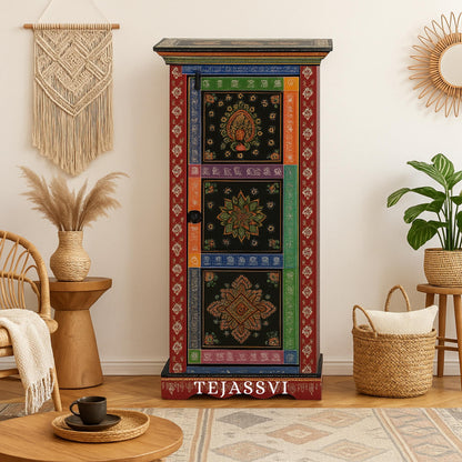 Indian HandPainted Solid Wood Hand-Painted 1 Door Wardrobe/Wooden Handmade Indian Painted Wooden Small Cabinet/Wooden Wardrobe.