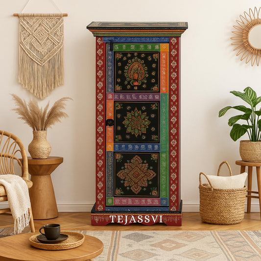 Indian HandPainted Solid Wood Hand-Painted 1 Door Wardrobe/Wooden Handmade Indian Painted Wooden Small Cabinet/Wooden Wardrobe.
