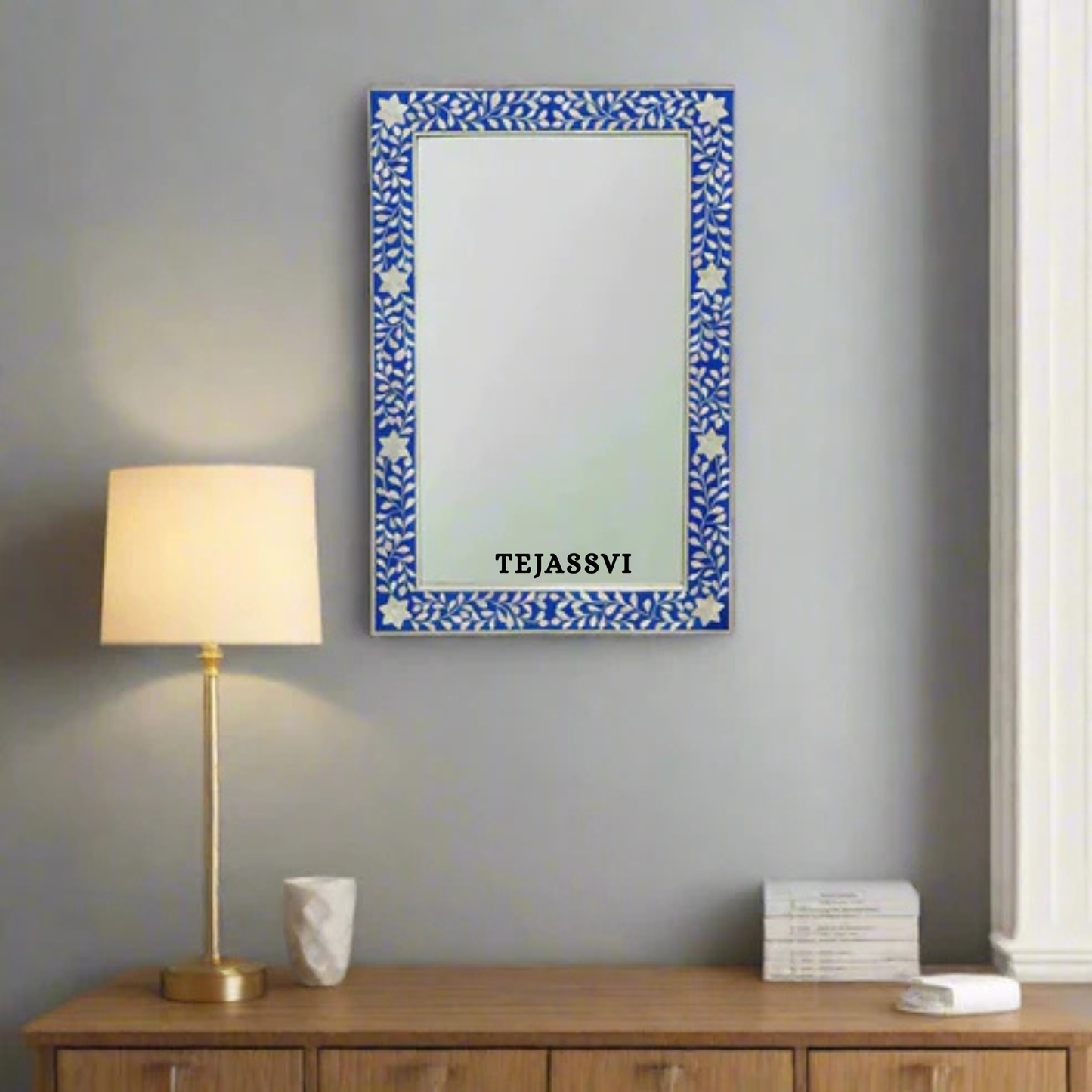 Bone Inlay Floral Design Wall Hanging Large Mirror for Wall Décor