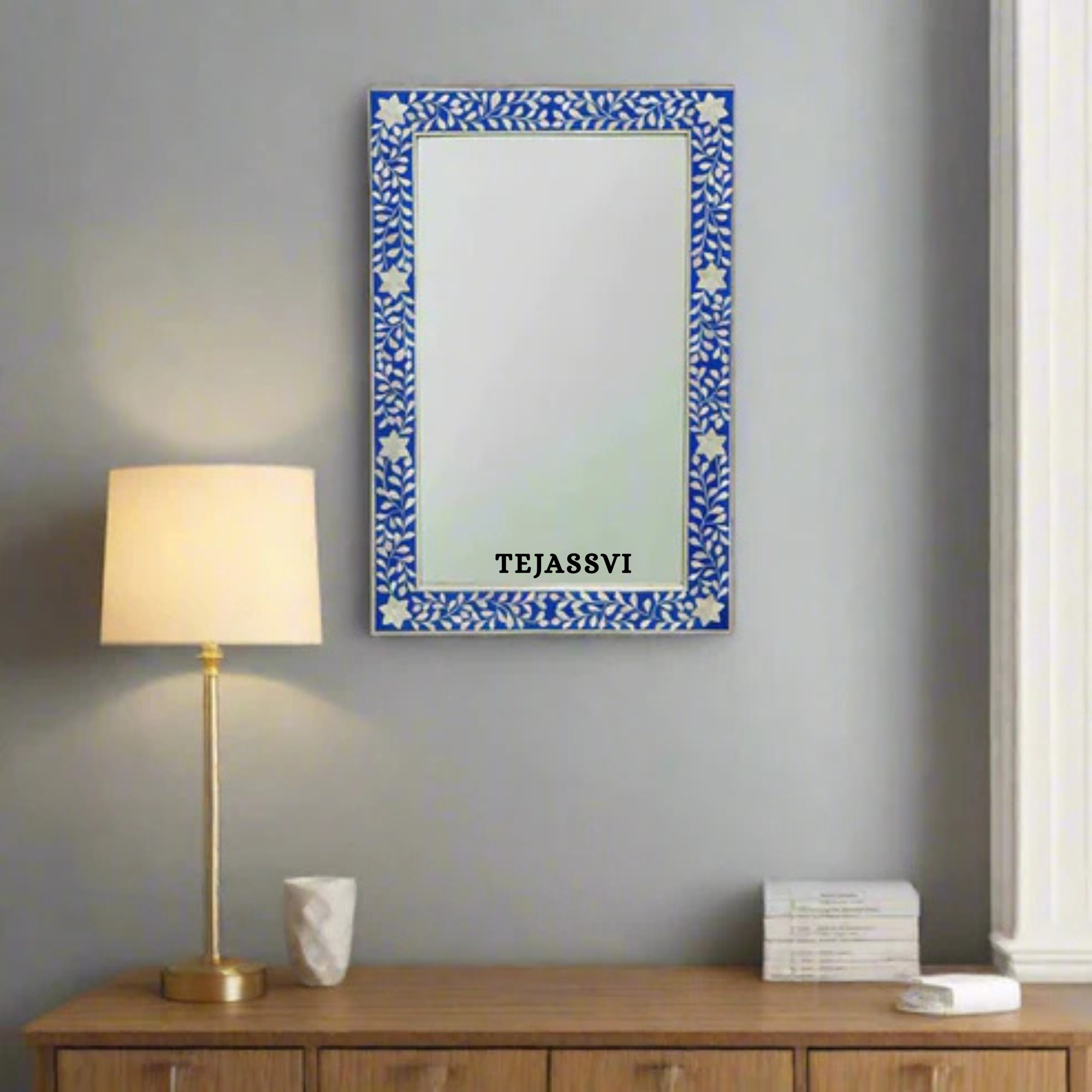 Bone Inlay Floral Design Wall Hanging Large Mirror for Wall Décor