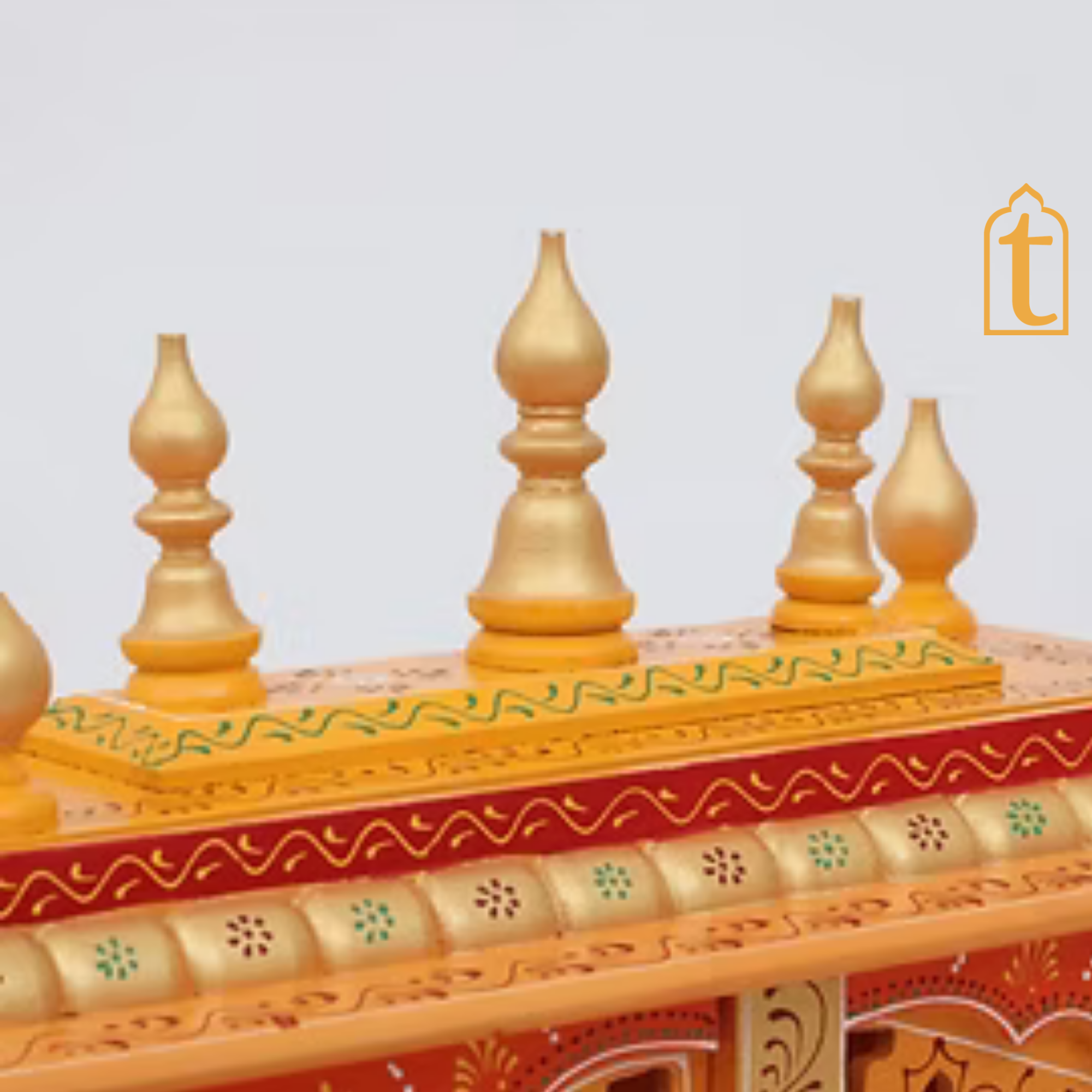 Handcrafted Wooden Pooja Room Temple: Orange & Gold Embossed