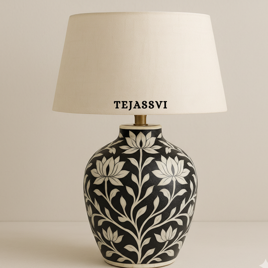 Wooden Bone Inlay Floral Pattern Lamp for Bedroom / Bone Inlay Bed Room Lamp / Bedroom Décor Lamp / Handmade Inlay Table Lamp Home Decor Accent Light