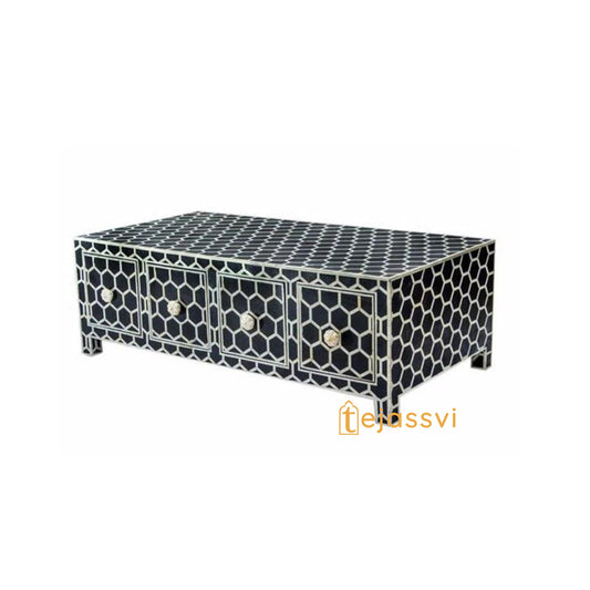 Handmade Bone inlay Coffee Table with Storage | Black Honeycomb Pattern Center table, Bone Inlay Furniture Cocktail Table, Luxury Furniture