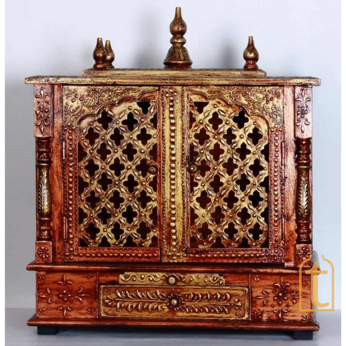 Wooden Home Temple with Door | Large Wall Mounted Pooja Mandir | Handmade Brown Prayer Shrine for Worship
