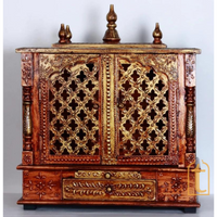 Wooden Home Temple with Door | Large Wall Mounted Pooja Mandir | Handmade Brown Prayer Shrine for Worship