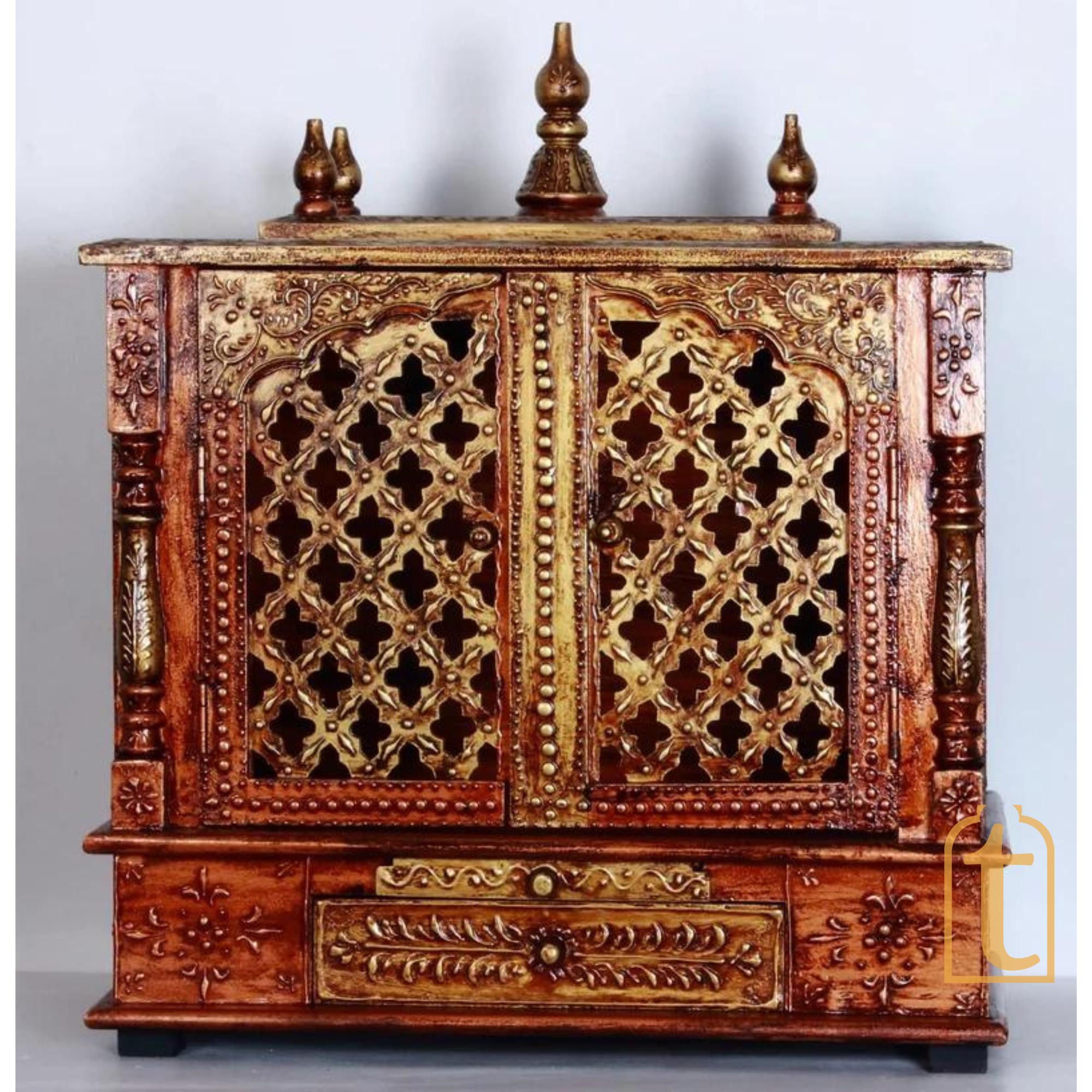 Wooden Home Temple with Door | Large Wall Mounted Pooja Mandir | Handmade Brown Prayer Shrine for Worship