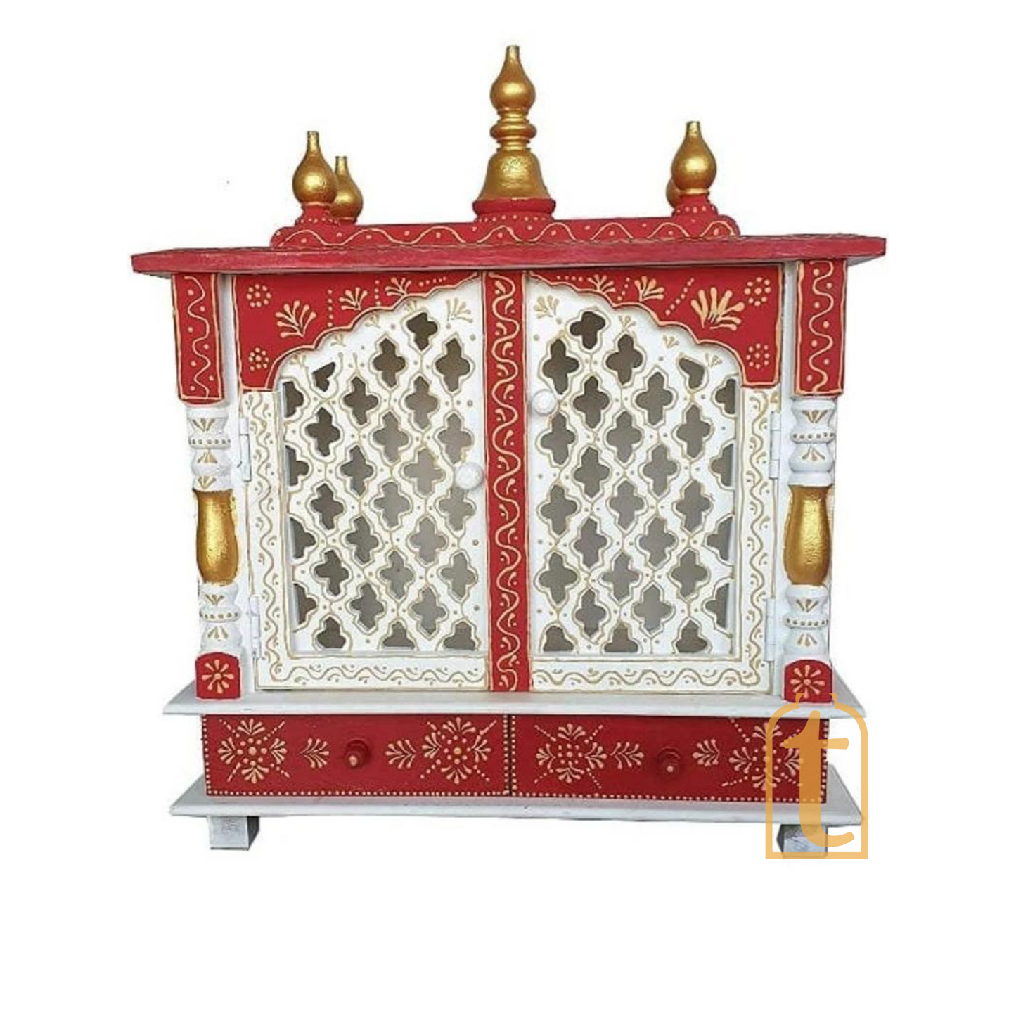 Large Handmade Wooden Pooja Temple | Brown Wall Hanging Mandir with Door | Home Prayer Room Decor