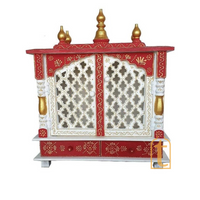 Large Handmade Wooden Pooja Temple | Brown Wall Hanging Mandir with Door | Home Prayer Room Decor