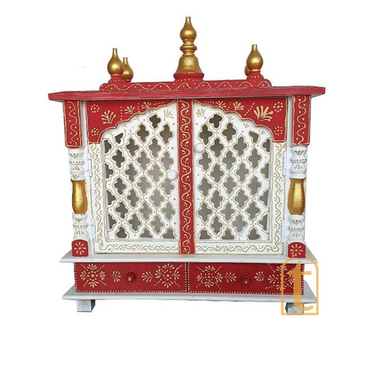 Large Handmade Wooden Pooja Temple | Brown Wall Hanging Mandir with Door | Home Prayer Room Decor