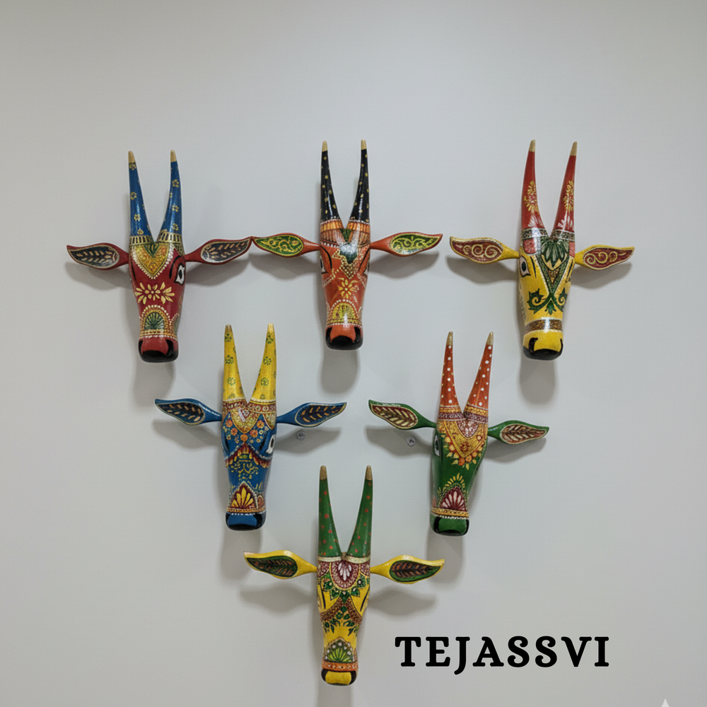 SET of 6 Wooden Painted Cow Head 15 Inches | Bull | Nandi Head Mask Wall Décor. Wooden Wall Hanging. Ethnic Indian Art.