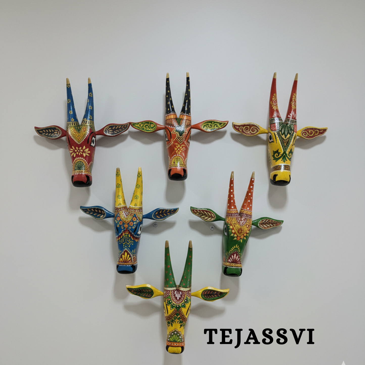 SET of 6 Wooden Painted Cow Head 16 Inches | Bull | Nandi Head Mask Wall Décor. Wooden Wall Hanging. Ethnic Indian Art.