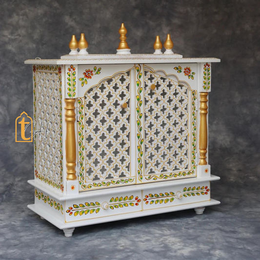 Handcrafted Wooden Pooja Mandir with Door | Large Wall Hanging Temple for Home | Brown Wooden Prayer Altar