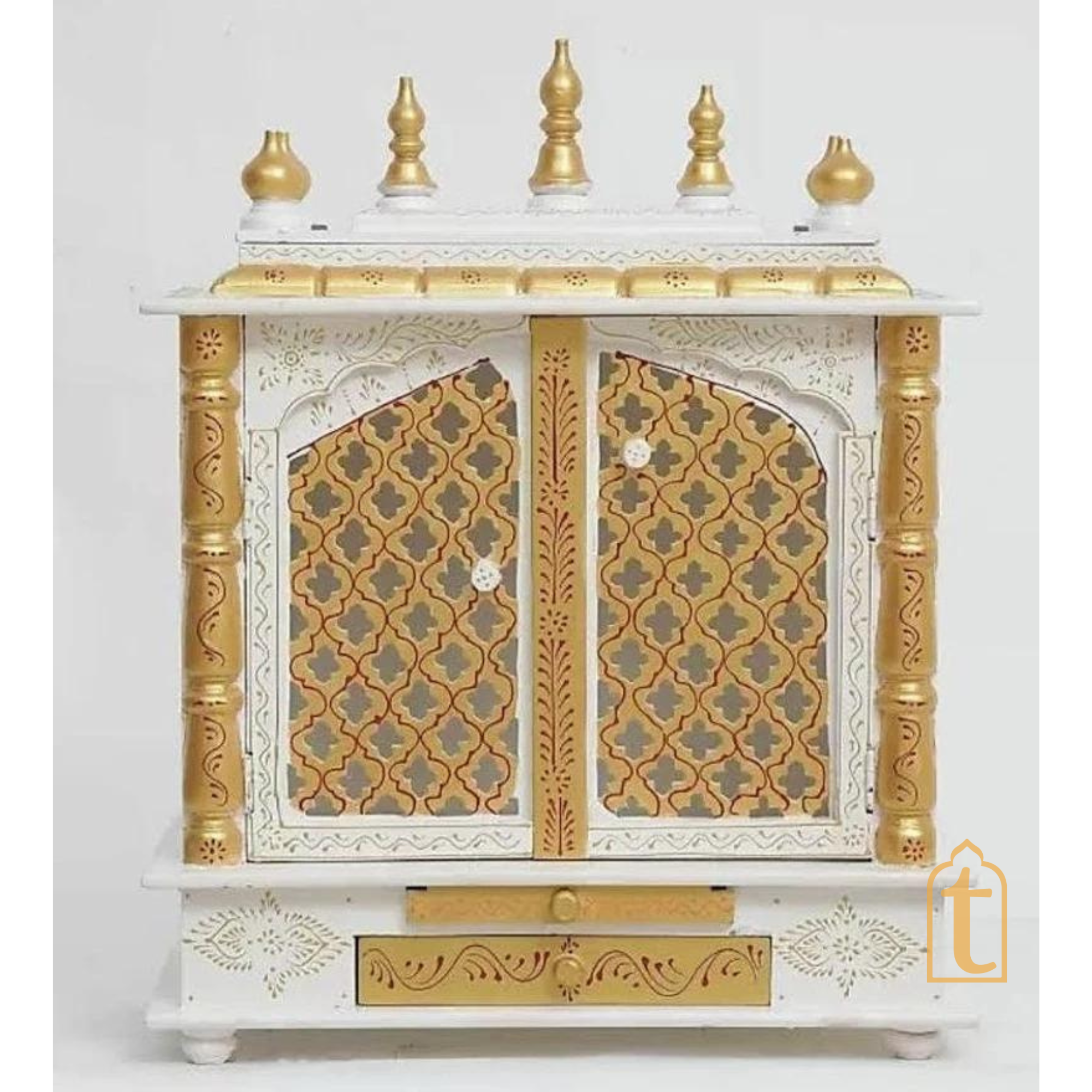 Brown Wooden Temple with Door | Handmade Wall Mounted Pooja Mandir | Large Home Prayer Altar for Diwali
