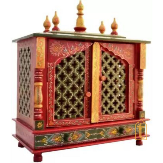 Wall Mount Wooden Pooja Temple | Large Handmade Prayer Mandir with Door | Brown Home Worship Unit