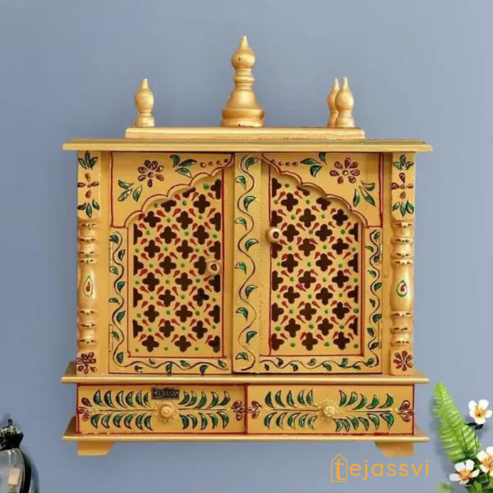 Wooden Prayer Room Altar | Large Wall Mounted Temple with Doors | Handmade Brown Pooja Mandir for Home