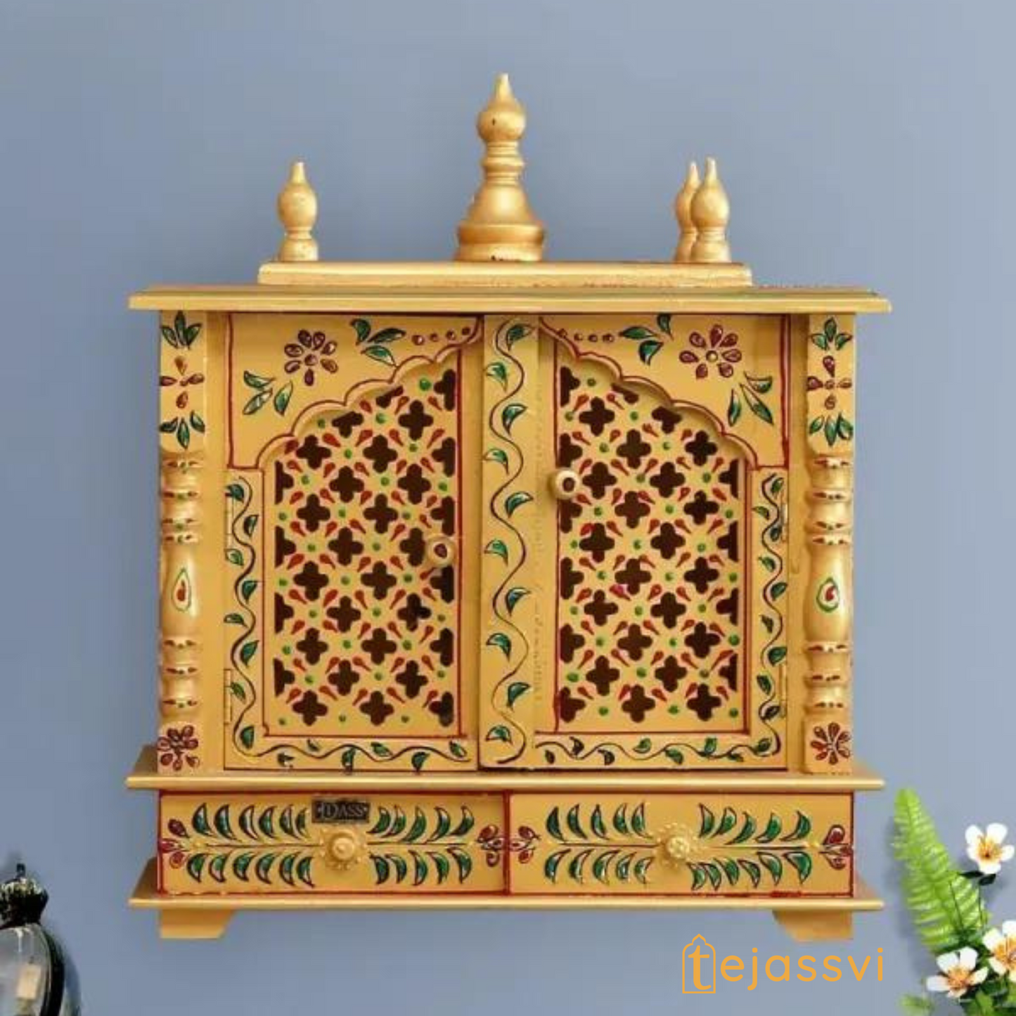 Wooden Prayer Room Altar | Large Wall Mounted Temple with Doors | Handmade Brown Pooja Mandir for Home