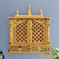Wooden Prayer Room Altar | Large Wall Mounted Temple with Doors | Handmade Brown Pooja Mandir for Home