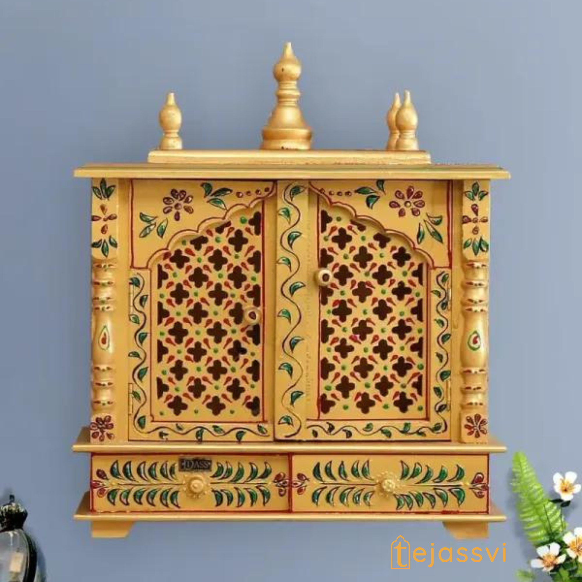 Wooden Prayer Room Altar | Large Wall Mounted Temple with Doors | Handmade Brown Pooja Mandir for Home